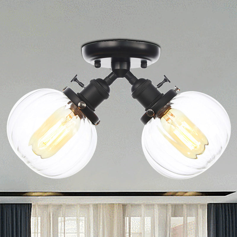 Industrial Style Amber/Clear Glass Ball Pendant Light - 2 Heads Restaurant Ceiling Mounted Lamp