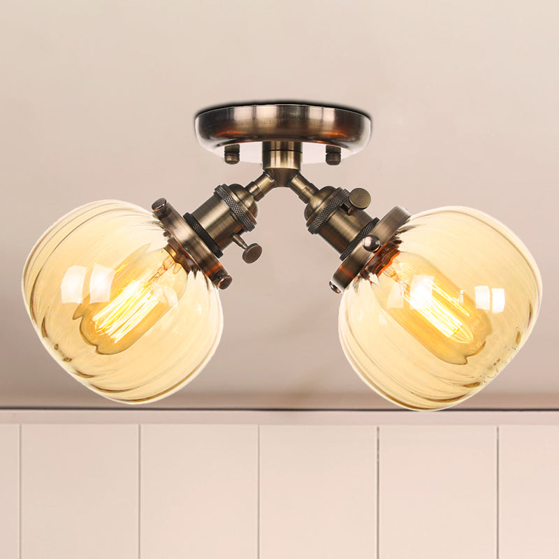 Industrial Style Amber/Clear Glass Ball Pendant Light - 2 Heads - Restaurant Ceiling Mounted Lamp