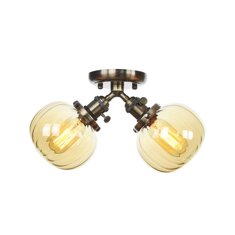 Industrial Style Amber/Clear Glass Ball Pendant Light - 2 Heads - Restaurant Ceiling Mounted Lamp