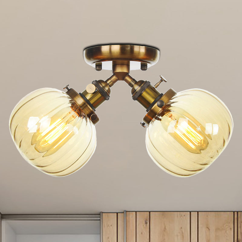 Industrial Style Amber/Clear Glass Ball Pendant Light - 2 Heads - Restaurant Ceiling Mounted Lamp