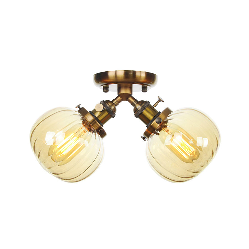 Industrial Style Amber/Clear Glass Ball Pendant Light - 2 Heads - Restaurant Ceiling Mounted Lamp