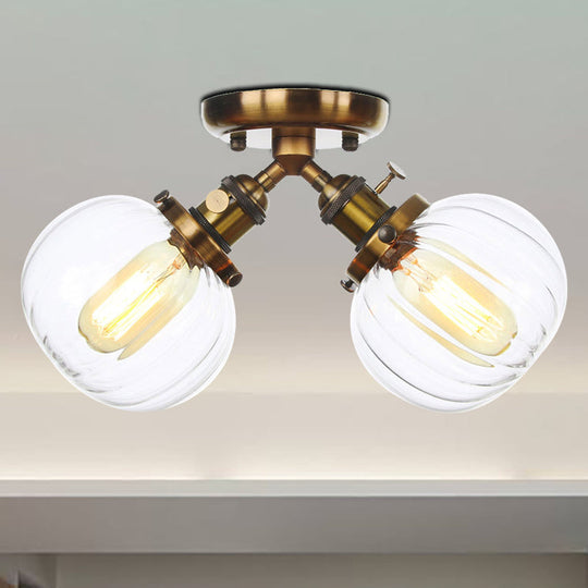 Industrial Style Amber/Clear Glass Ball Pendant Light - 2 Heads Restaurant Ceiling Mounted Lamp