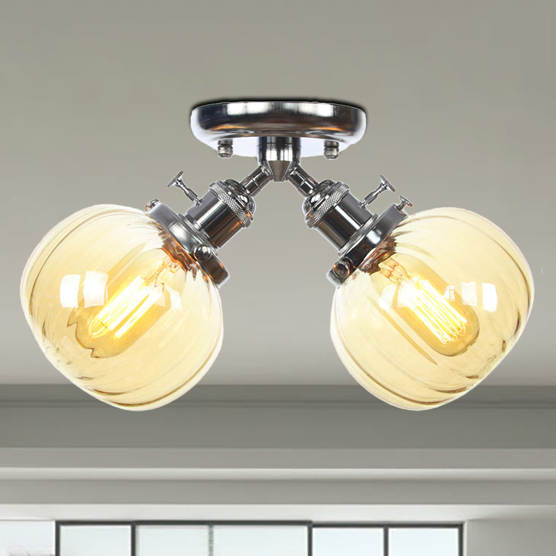 Industrial Style Amber/Clear Glass Ball Pendant Light - 2 Heads - Restaurant Ceiling Mounted Lamp