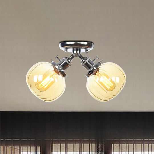 Industrial Style Amber/Clear Glass Ball Pendant Light - 2 Heads - Restaurant Ceiling Mounted Lamp