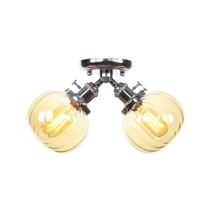 Industrial Style Amber/Clear Glass Ball Pendant Light - 2 Heads - Restaurant Ceiling Mounted Lamp