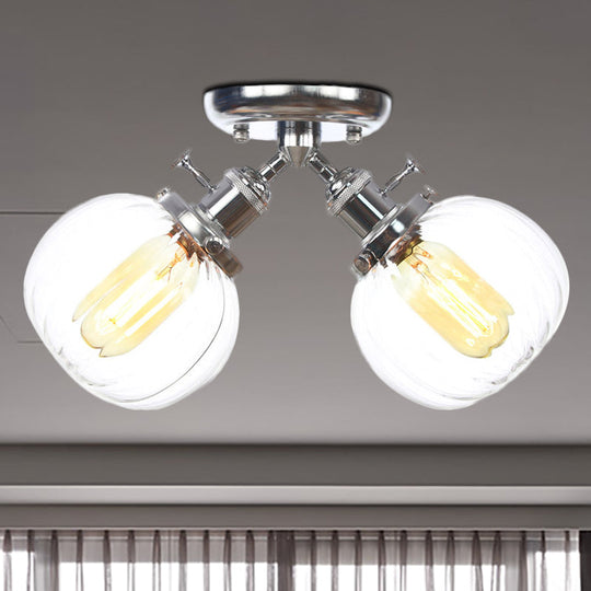 Industrial Style Amber/Clear Glass Ball Pendant Light - 2 Heads - Restaurant Ceiling Mounted Lamp