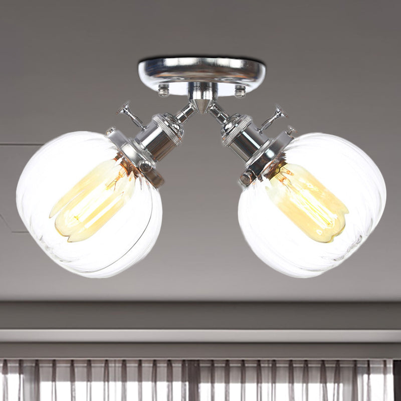 Industrial Style Amber/Clear Glass Ball Pendant Light - 2 Heads Restaurant Ceiling Mounted Lamp