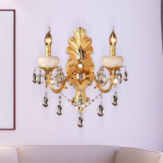 Metal Gold Candle Sconce Light With Crystal Drop - Traditional 2-Head Living Room Wall Mount