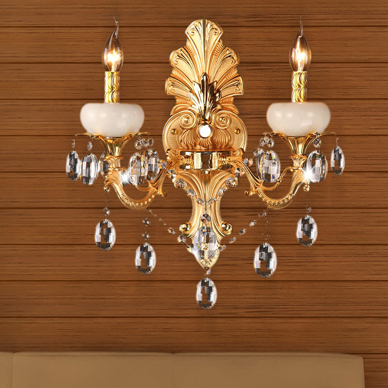 Metal Gold Candle Sconce Light With Crystal Drop - Traditional 2-Head Living Room Wall Mount