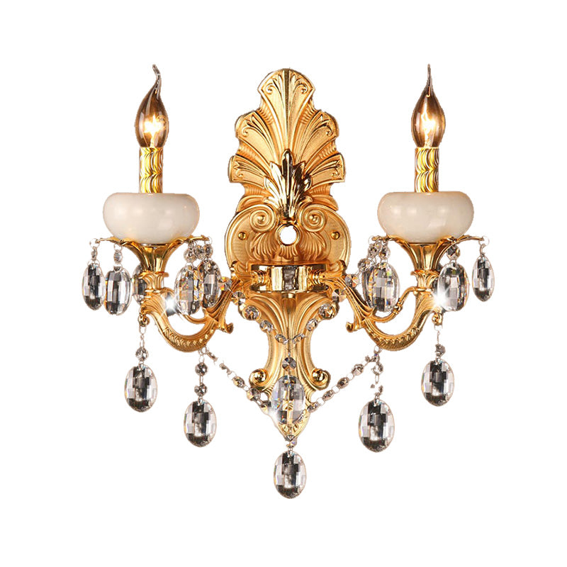 Metal Gold Candle Sconce Light With Crystal Drop - Traditional 2-Head Living Room Wall Mount