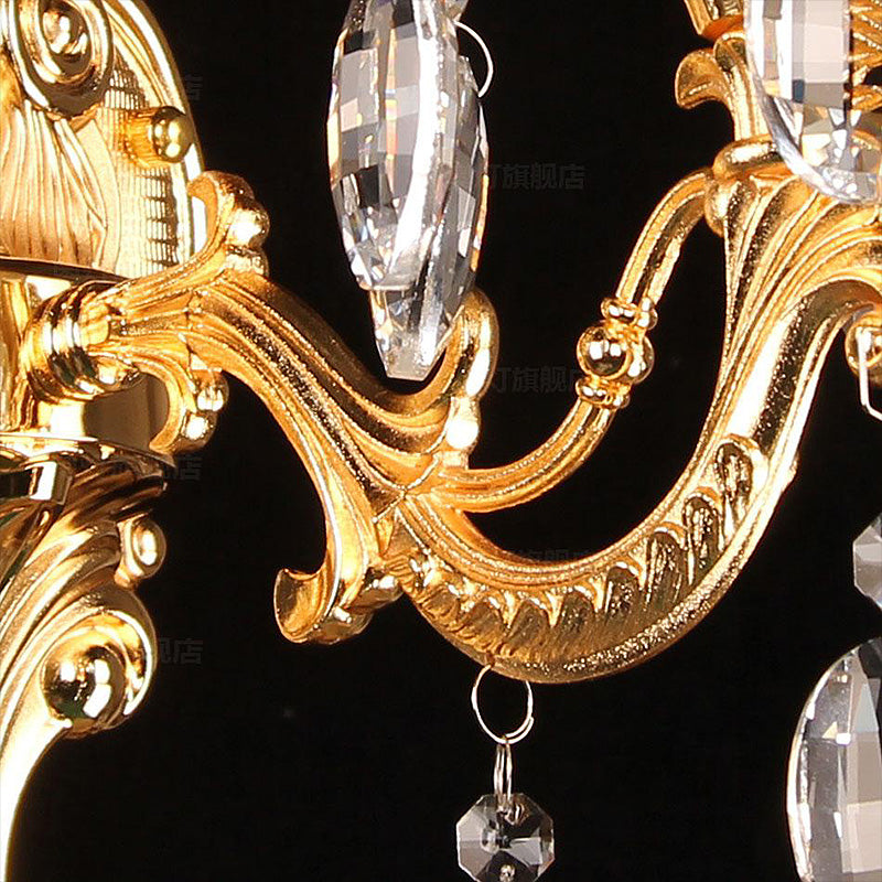 Metal Gold Candle Sconce Light With Crystal Drop - Traditional 2-Head Living Room Wall Mount