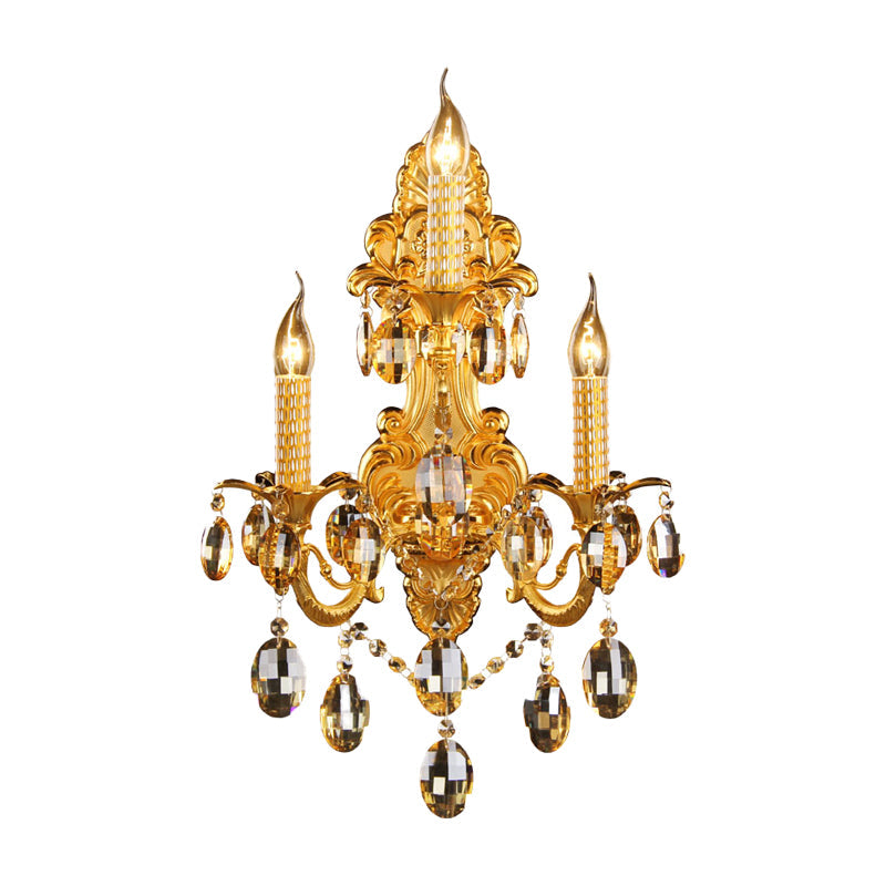 Gold Metal Sconce Light With Crystal Drop Decoration - Traditional Candle Wall Fixture (3 Heads)