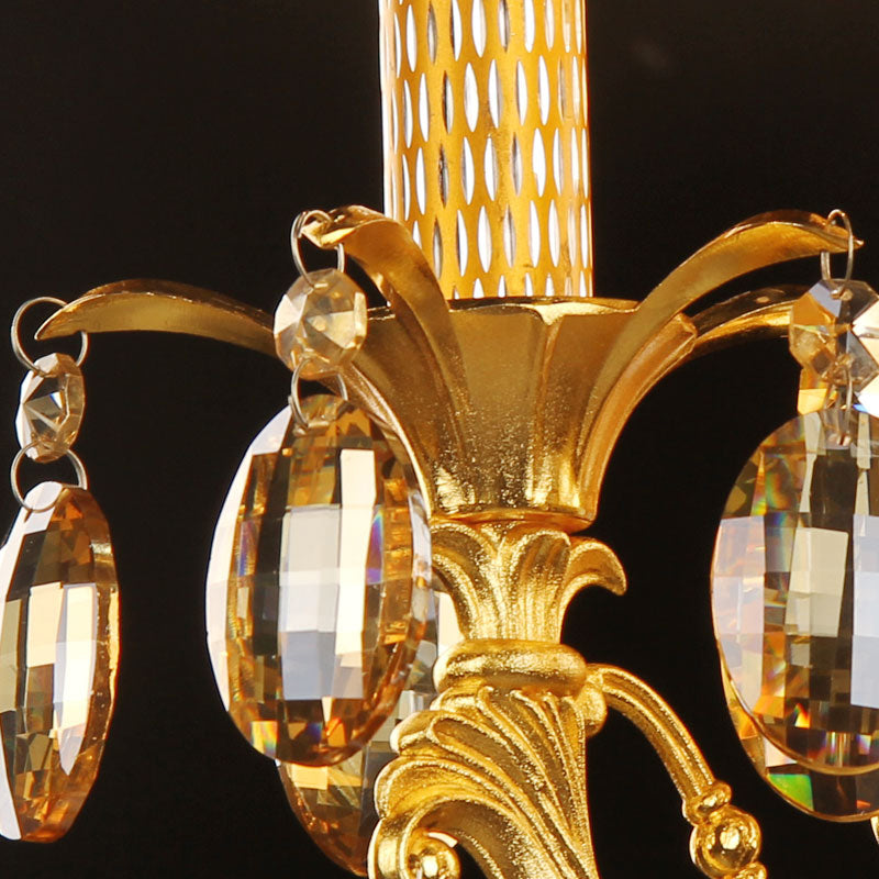 Gold Metal Sconce Light With Crystal Drop Decoration - Traditional Candle Wall Fixture (3 Heads)