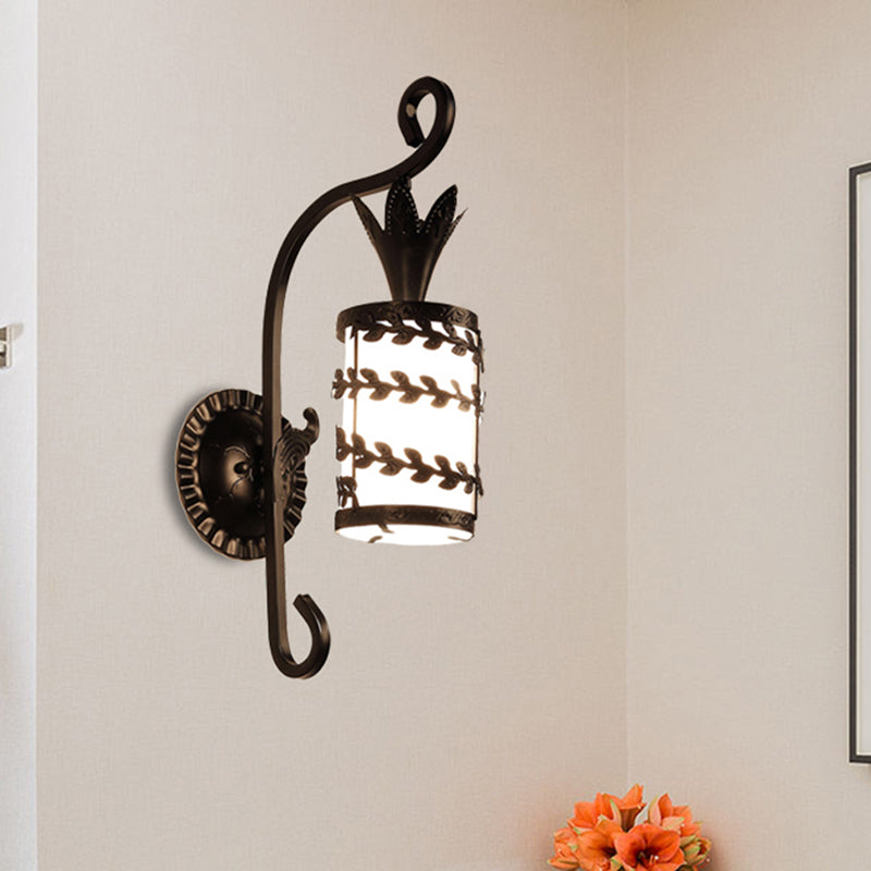 Country Style Wall Lamp With Milky Glass Shade And Metal Frame - 1 Light Black Sconce Fixture