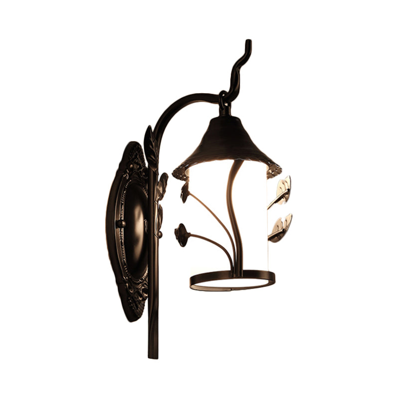 Country Style Wall Lamp With Milky Glass Shade And Metal Frame - 1 Light Black Sconce Fixture