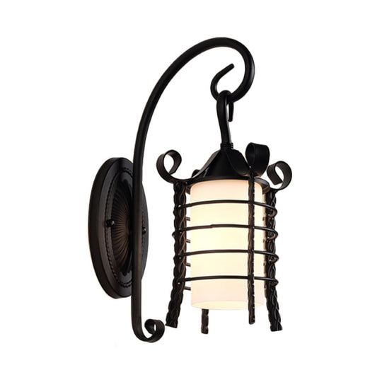 Country Style Wall Lamp With Milky Glass Shade And Metal Frame - 1 Light Black Sconce Fixture