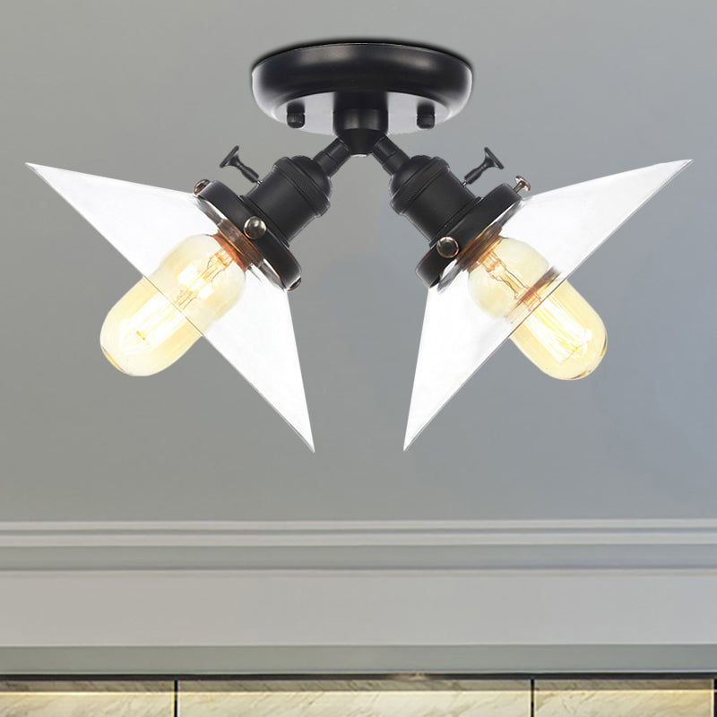 Industrial Style Clear Glass Semi Flush Mount Ceiling Light with 2 Lights for Conical Restaurants in Black/Bronze