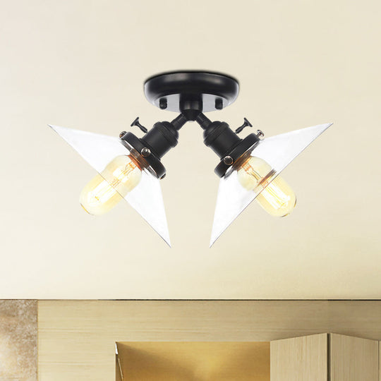 Industrial Style Clear Glass Semi Flush Mount Ceiling Light with 2 Lights for Conical Restaurants in Black/Bronze