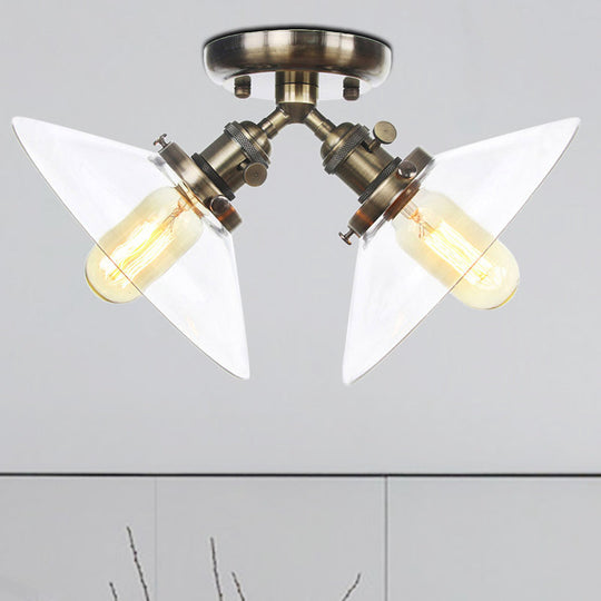 Industrial Style Clear Glass Semi Flush Mount Ceiling Light with 2 Lights for Conical Restaurants in Black/Bronze