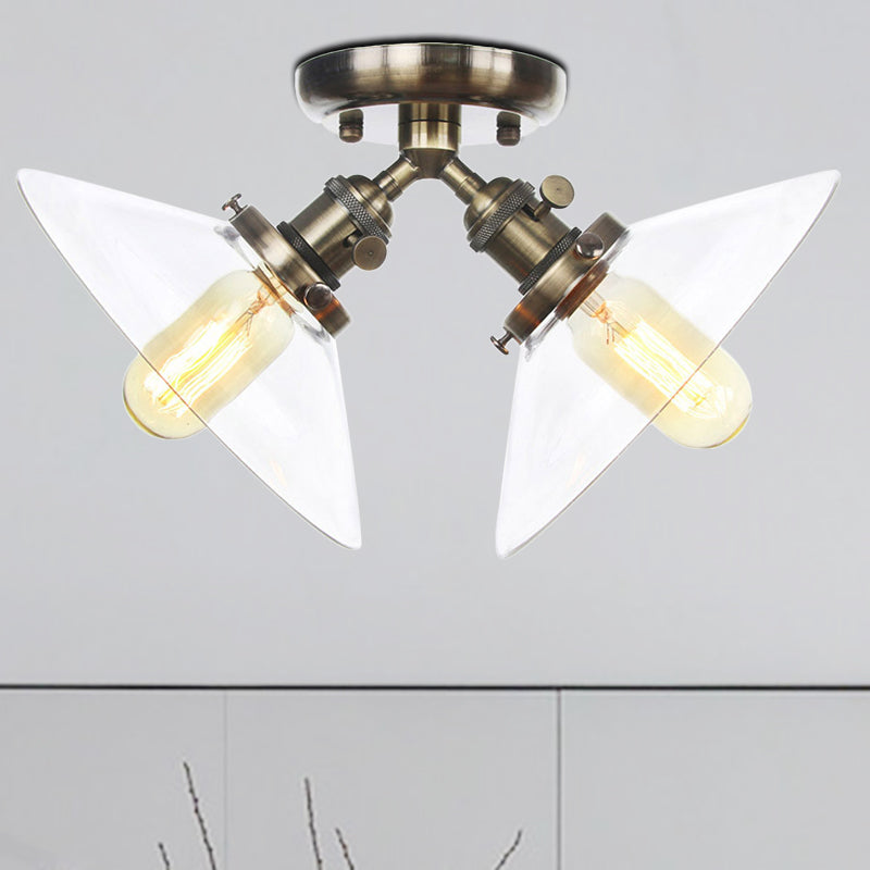 Industrial Conical Restaurant Semi Flush Light With Clear Glass - 2 Lights Ceiling Mount In