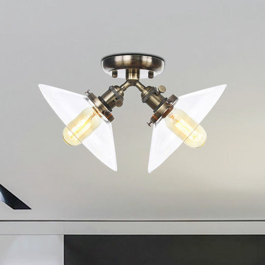 Industrial Style Clear Glass Semi Flush Mount Ceiling Light with 2 Lights for Conical Restaurants in Black/Bronze