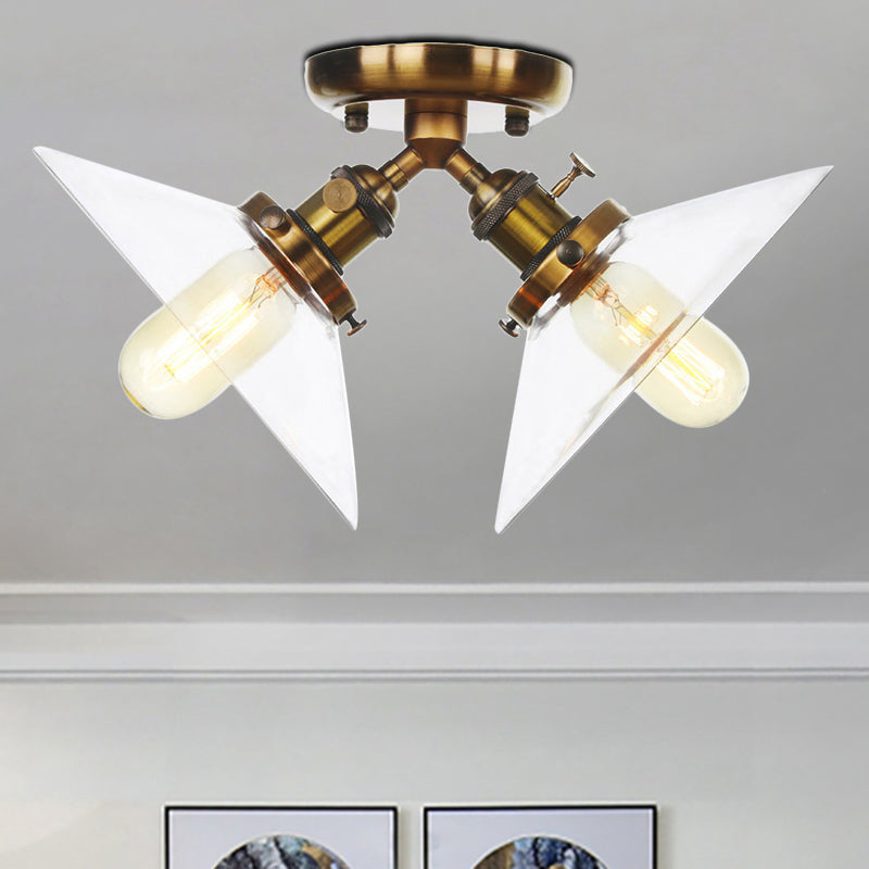 Industrial Style Clear Glass Semi Flush Mount Ceiling Light with 2 Lights for Conical Restaurants in Black/Bronze