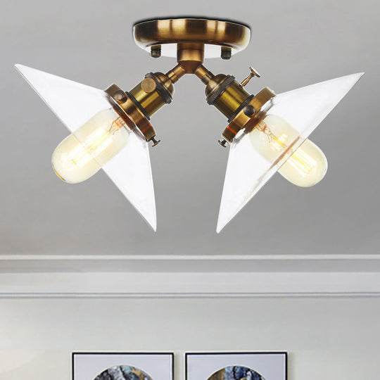 Industrial Conical Restaurant Semi Flush Light With Clear Glass - 2 Lights Ceiling Mount In