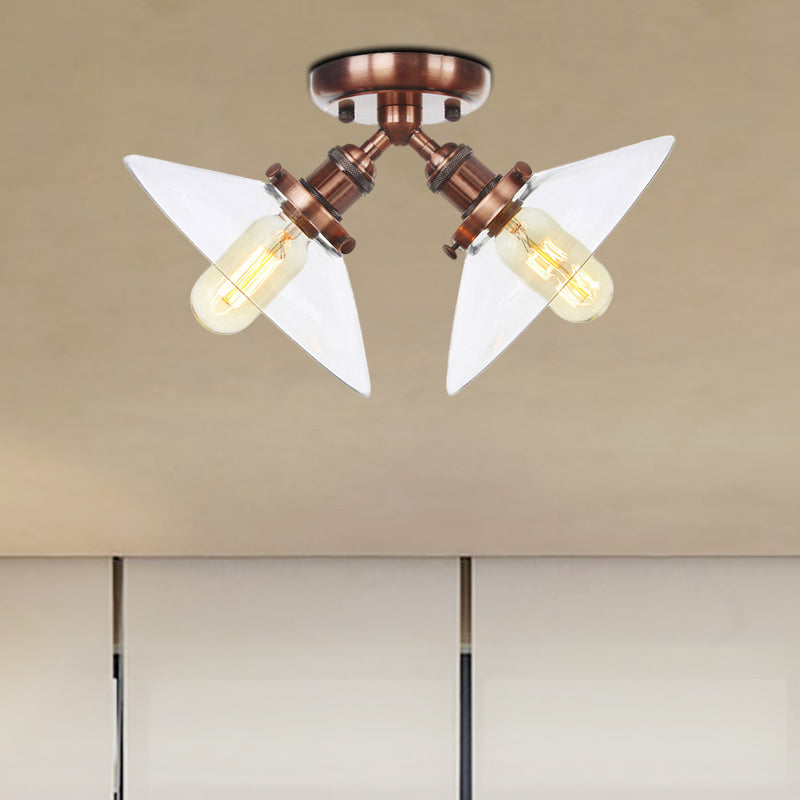 Industrial Style Clear Glass Semi Flush Mount Ceiling Light with 2 Lights for Conical Restaurants in Black/Bronze