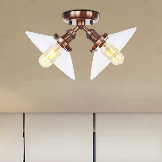 Industrial Conical Restaurant Semi Flush Light With Clear Glass - 2 Lights Ceiling Mount In