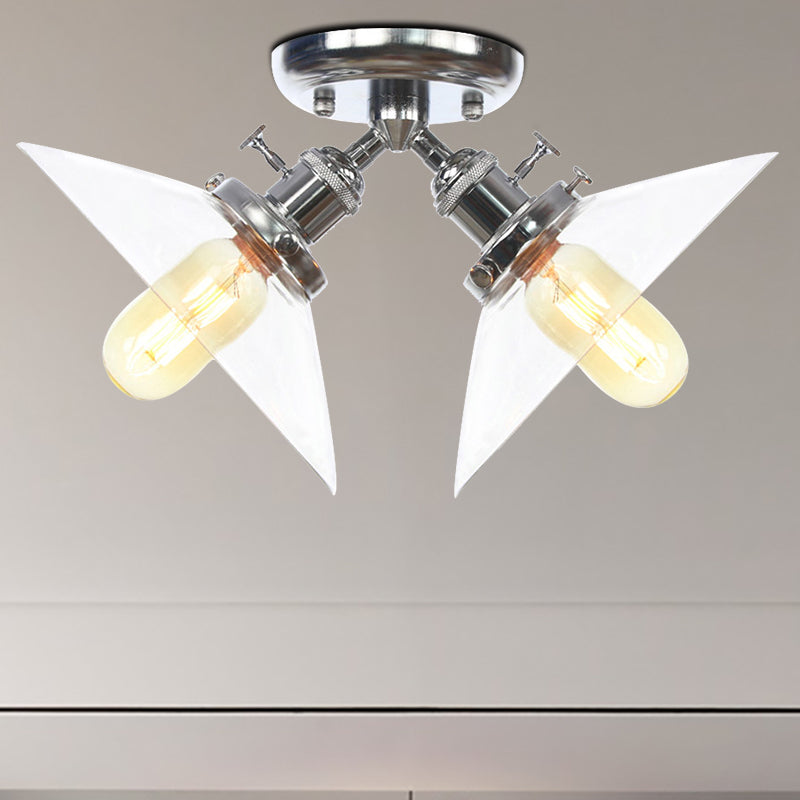 Industrial Conical Restaurant Semi Flush Light With Clear Glass - 2 Lights Ceiling Mount In