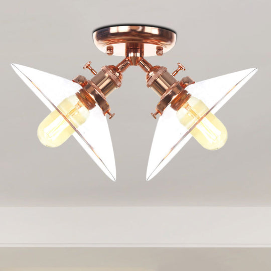 Industrial Style Clear Glass Semi Flush Mount Ceiling Light with 2 Lights for Conical Restaurants in Black/Bronze