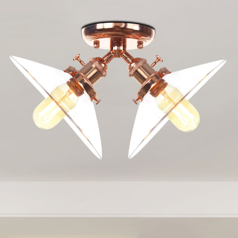 Industrial Conical Restaurant Semi Flush Light With Clear Glass - 2 Lights Ceiling Mount In