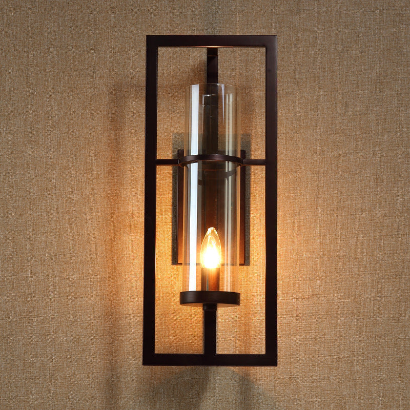 Black Sconce Light Fixture With Amber Glass And Metal Frame - 1-Light Farmhouse Wall Mounted