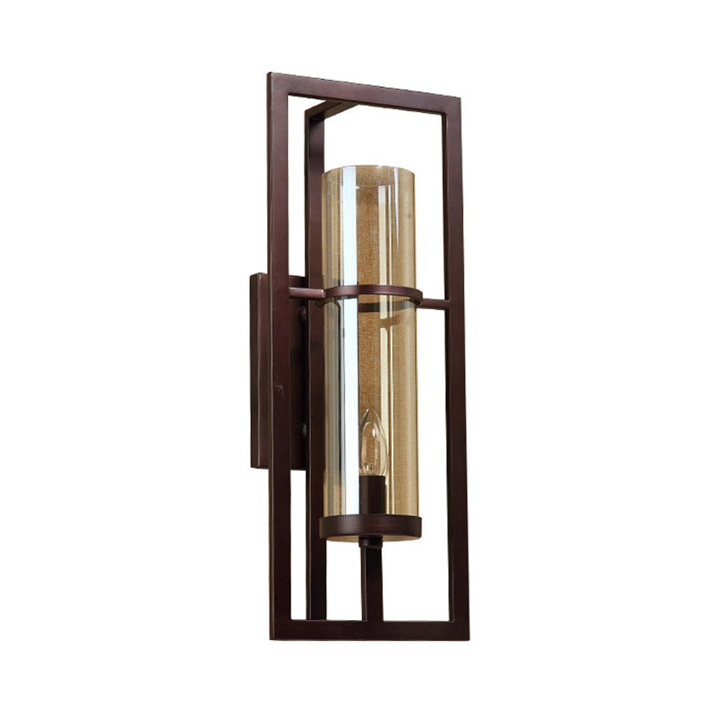 Black Sconce Light Fixture With Amber Glass And Metal Frame - 1-Light Farmhouse Wall Mounted