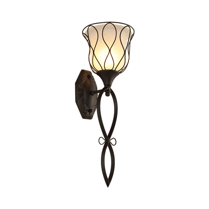 Rustic Black Metal Wall Lamp With Opal Glass Shade - Bell Sconce Light Fixture 1