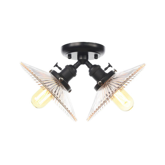 Flared Shade Ceiling Mount Light with Clear Ribbed Glass - 2 Heads, Ideal for Restaurants - Black/Brass