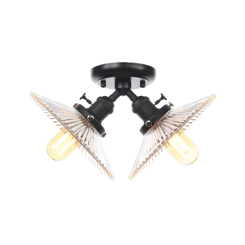 Flared Shade Ceiling Mount Light With Clear Ribbed Glass - 2 Heads Ideal For Restaurants Black/Brass