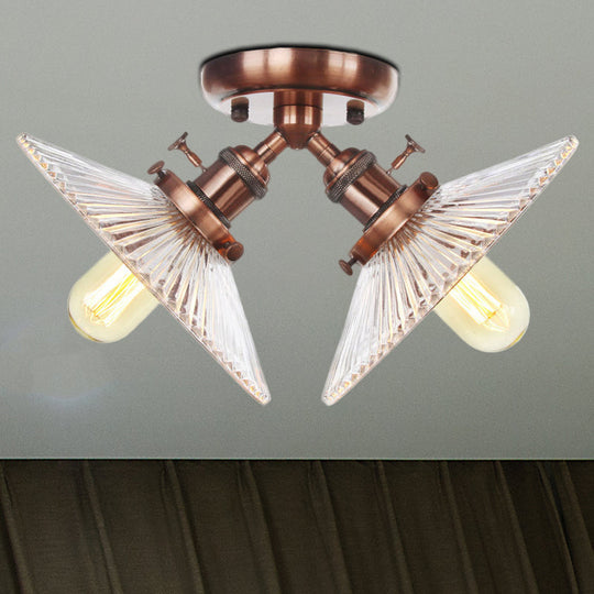 Flared Shade Ceiling Mount Light with Clear Ribbed Glass - 2 Heads, Ideal for Restaurants - Black/Brass