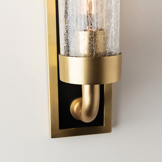 Vintage Brass Wall Sconce With Clear Crackle Glass Shade - Metal Tube Lighting For Dining Room (1/2