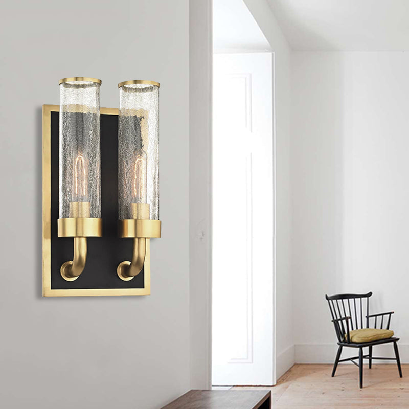 Vintage Brass Wall Sconce With Clear Crackle Glass Shade - Metal Tube Lighting For Dining Room (1/2