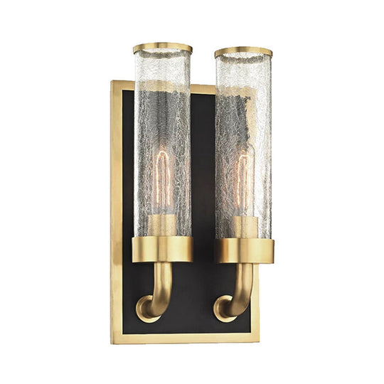 Vintage Brass Wall Sconce With Clear Crackle Glass Shade - Metal Tube Lighting For Dining Room (1/2