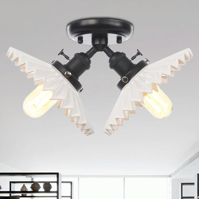 Restaurant Ceiling Light with Scalloped Milk Glass Shade in Black/Bronze Semi-Flush Mount