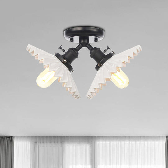 Restaurant Ceiling Light with Scalloped Milk Glass Shade in Black/Bronze Semi-Flush Mount