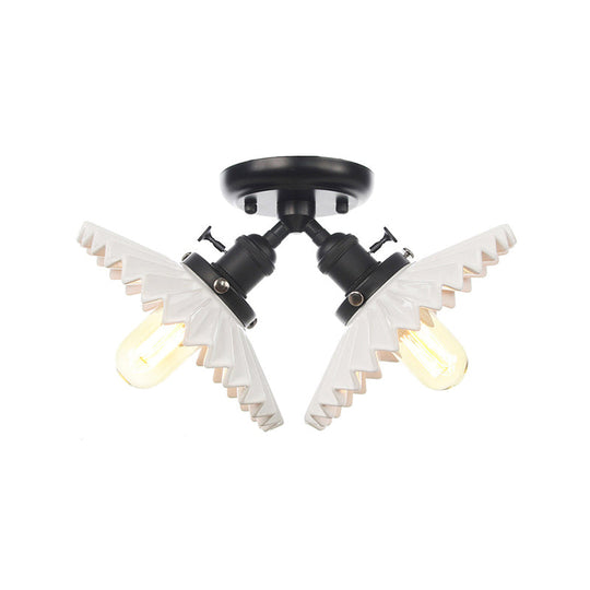 Restaurant Ceiling Light with Scalloped Milk Glass Shade in Black/Bronze Semi-Flush Mount