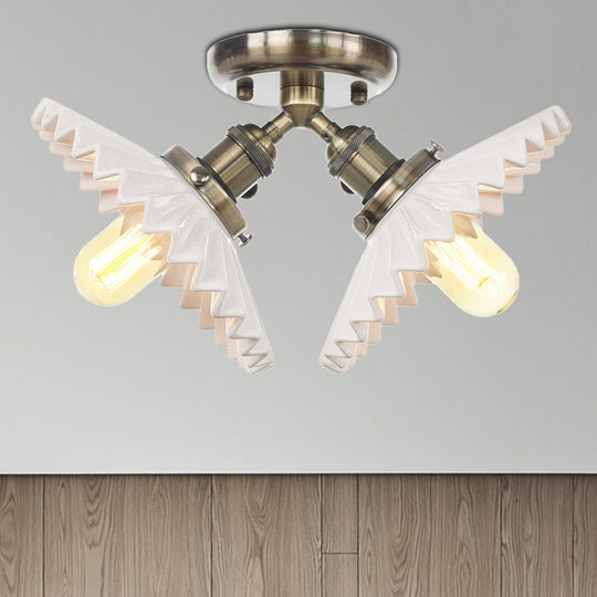 Restaurant Ceiling Light with Scalloped Milk Glass Shade in Black/Bronze Semi-Flush Mount