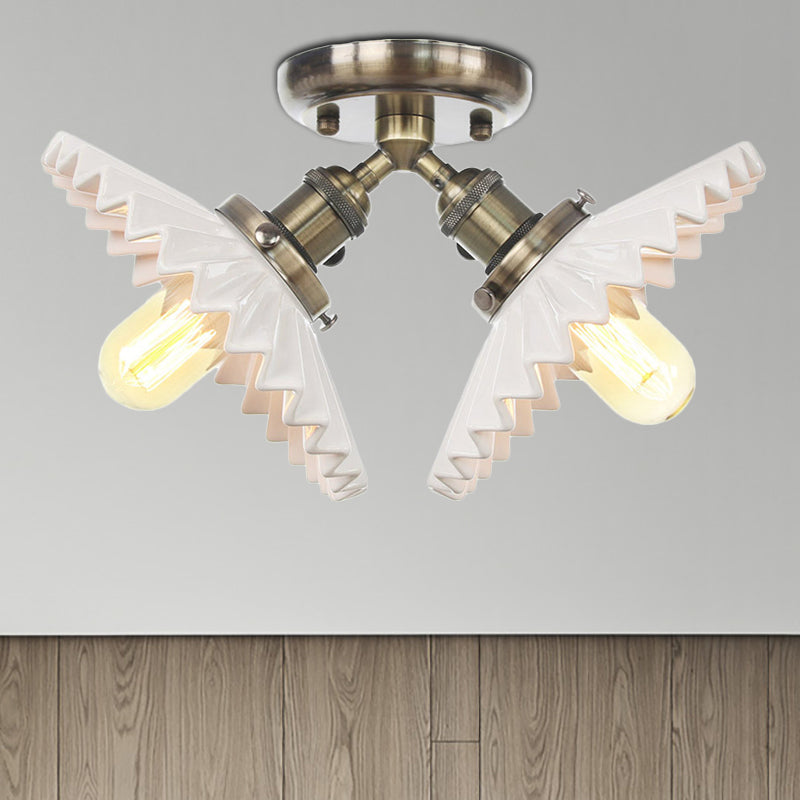 Restaurant Ceiling Light With Scalloped Milk Glass Shade In Black/Bronze Semi-Flush Mount Bronze