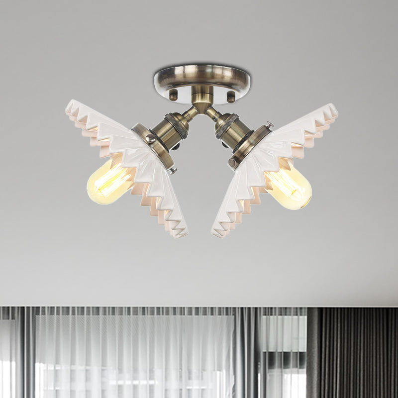 Restaurant Ceiling Light with Scalloped Milk Glass Shade in Black/Bronze Semi-Flush Mount