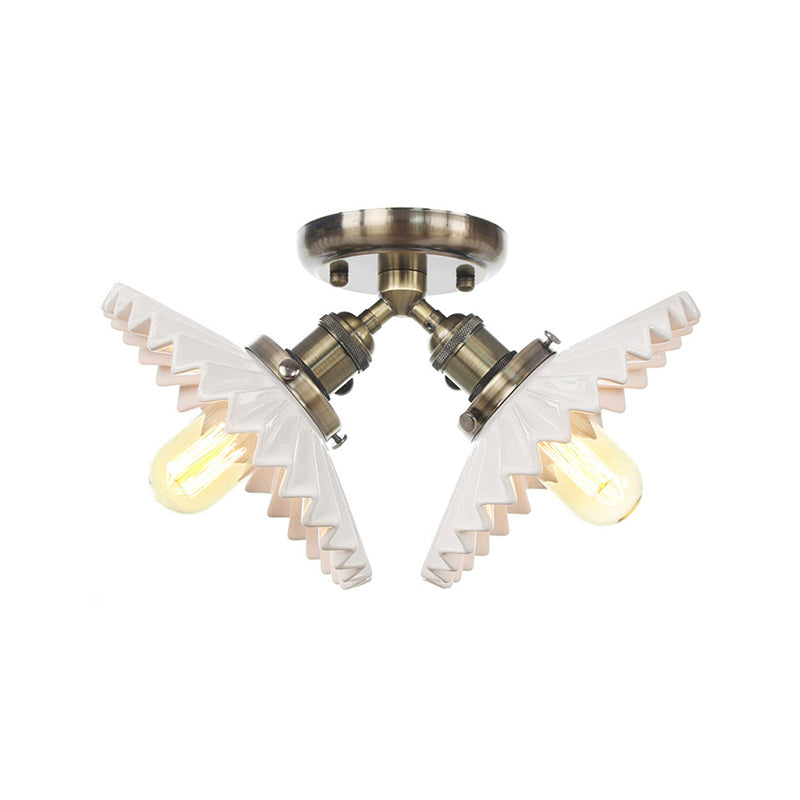 Restaurant Ceiling Light with Scalloped Milk Glass Shade in Black/Bronze Semi-Flush Mount