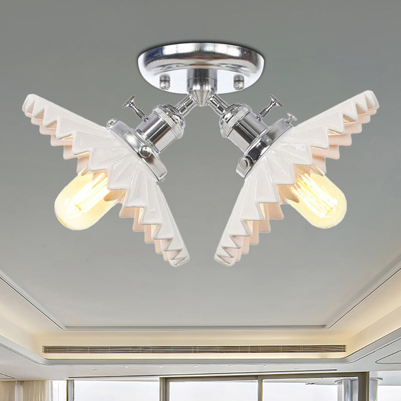 Restaurant Ceiling Light with Scalloped Milk Glass Shade in Black/Bronze Semi-Flush Mount