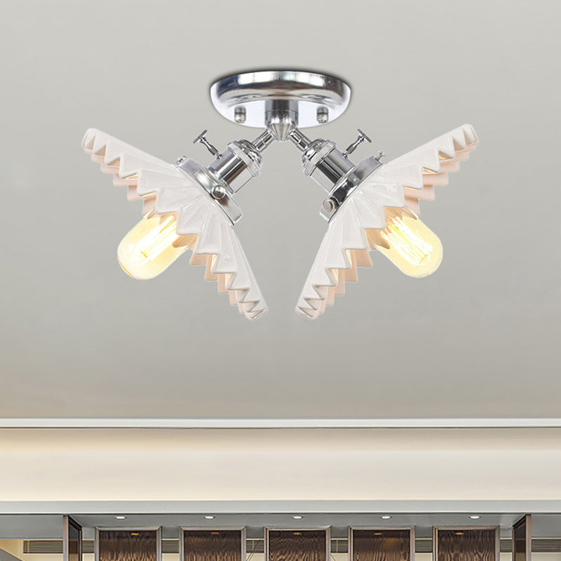 Restaurant Ceiling Light with Scalloped Milk Glass Shade in Black/Bronze Semi-Flush Mount